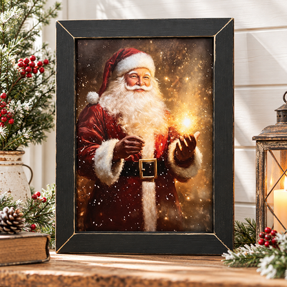 A framed Christmas art print featuring Santa Claus in a red suit with a glowing light in his hand, displayed on a wooden surface with holiday greenery and a lantern around it.