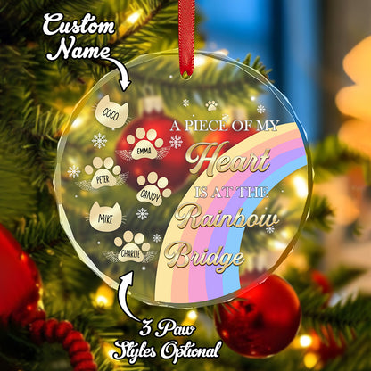 A front view of the Rainbow Bridge memorial ornament with a personalized pet name and an alternate paw print design, creating a heartfelt tribute.