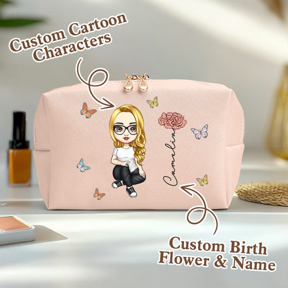 A peach personalized makeup bag on a table, featuring a custom cartoon character, birth flower, and name, with an overlay saying custom cartoon characters and custom birth flower and name.