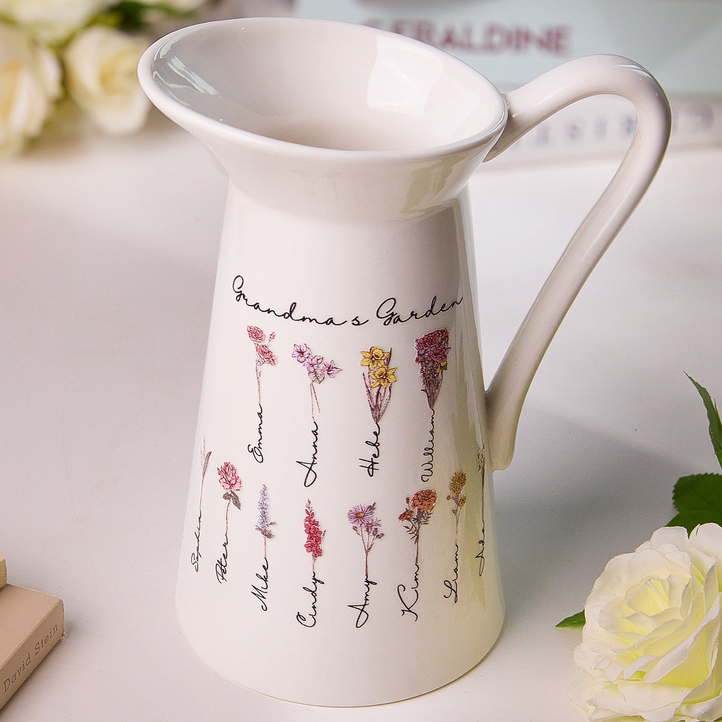 A view of the pitcher-shaped vase, showcasing its elegant design with customizable text and birth flower details.