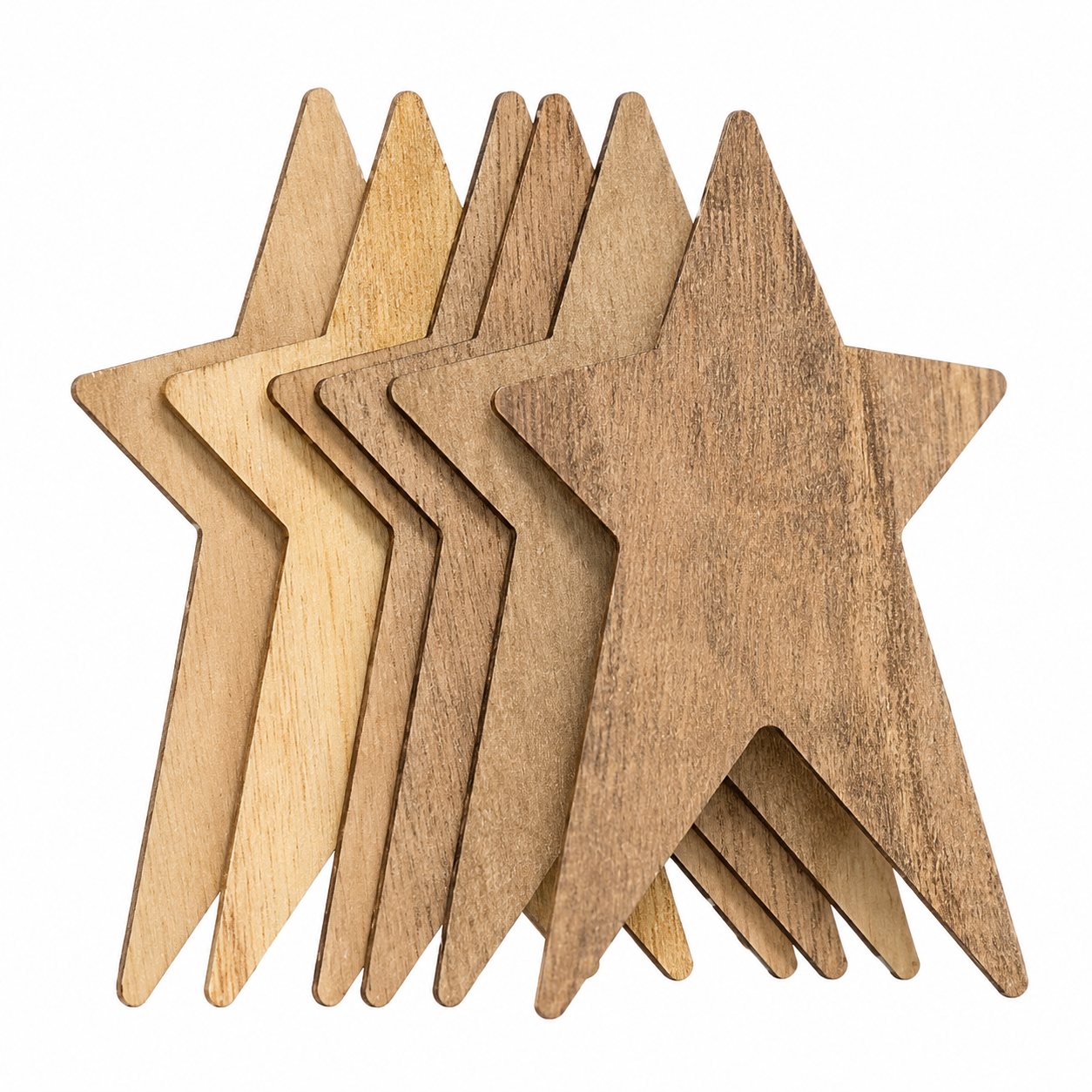 Natural unfinished wooden star cutouts for tray displays bowl fillers picture frame accents and rustic craft projects