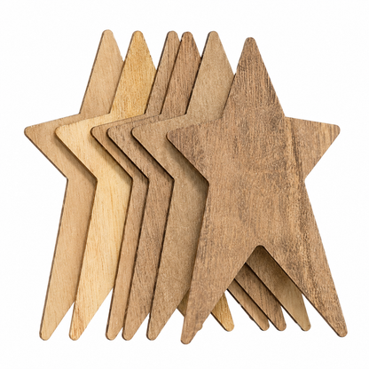 Natural unfinished wooden star cutouts for tray displays bowl fillers picture frame accents and rustic craft projects