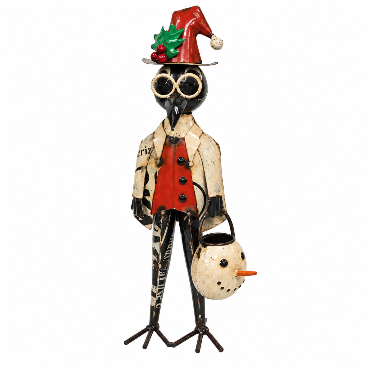 A whimsical metal Christmas bird figurine wearing a red Santa hat with green holly, a cream jacket, and a red vest, holding a snowman-shaped planter on a white background.