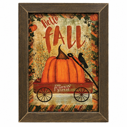 Framed autumn decorative sign featuring a large orange pumpkin on a red wagon with the words 'Hello FALL' and 'The Pumpkin Patch,' plus a black bird and fall foliage details.