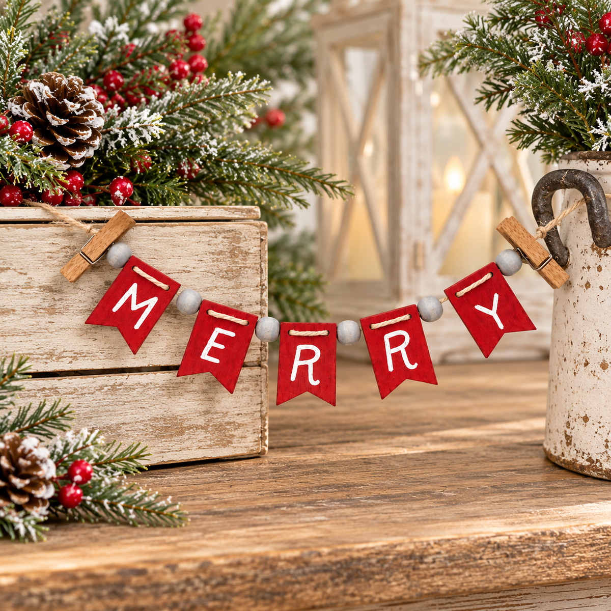 A festive Christmas garland banner spelling 'MERRY' in red pennant flags with white lettering, hung on a wooden surface with pine branches, red berries, a rustic crate, and a lantern in the background.