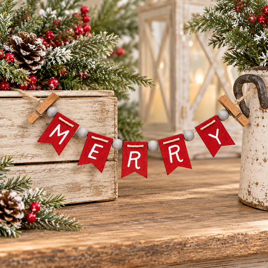 A festive Christmas garland banner spelling 'MERRY' in red pennant flags with white lettering, hung on a wooden surface with pine branches, red berries, a rustic crate, and a lantern in the background.