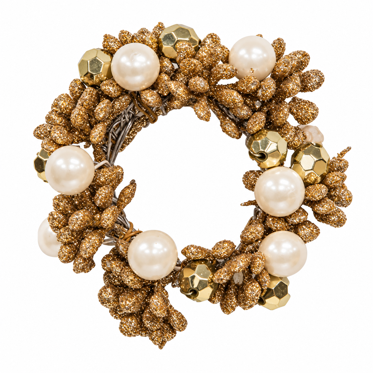 A chunky statement collar necklace featuring textured gold glitter grape clusters, large white faux pearls, and faceted gold beads, shown on a pure white background.