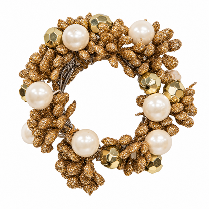 A chunky statement collar necklace featuring textured gold glitter grape clusters, large white faux pearls, and faceted gold beads, shown on a pure white background.