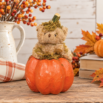 Mossy Teddy Bear in Papier Mache Pumpkin