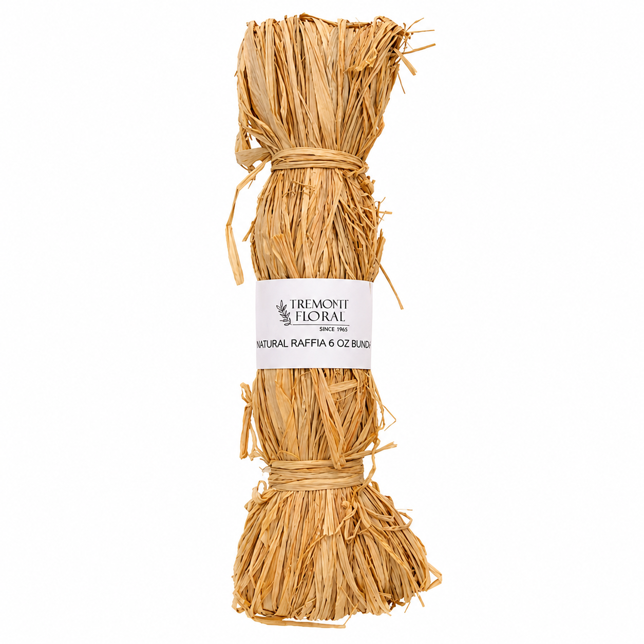 A bundled bundle of natural raffia rope from Tremont Floral, wrapped with a white paper label in the center, set against a plain white background.
