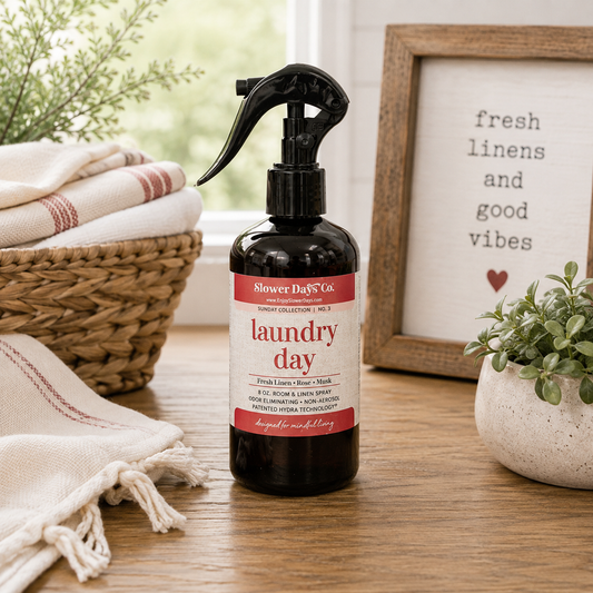 A bottle of Slower Days Co. Laundry Day fresh linen dryer wash stands on a wooden table in a styled home setting, surrounded by a basket of folded towels, a potted plant, and a framed sign.