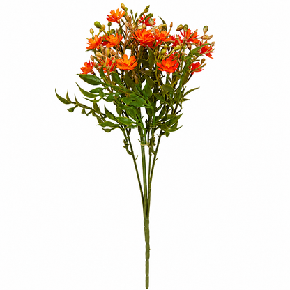 A single stem of artificial orange flowers with green leaves and stems, isolated on a white background.