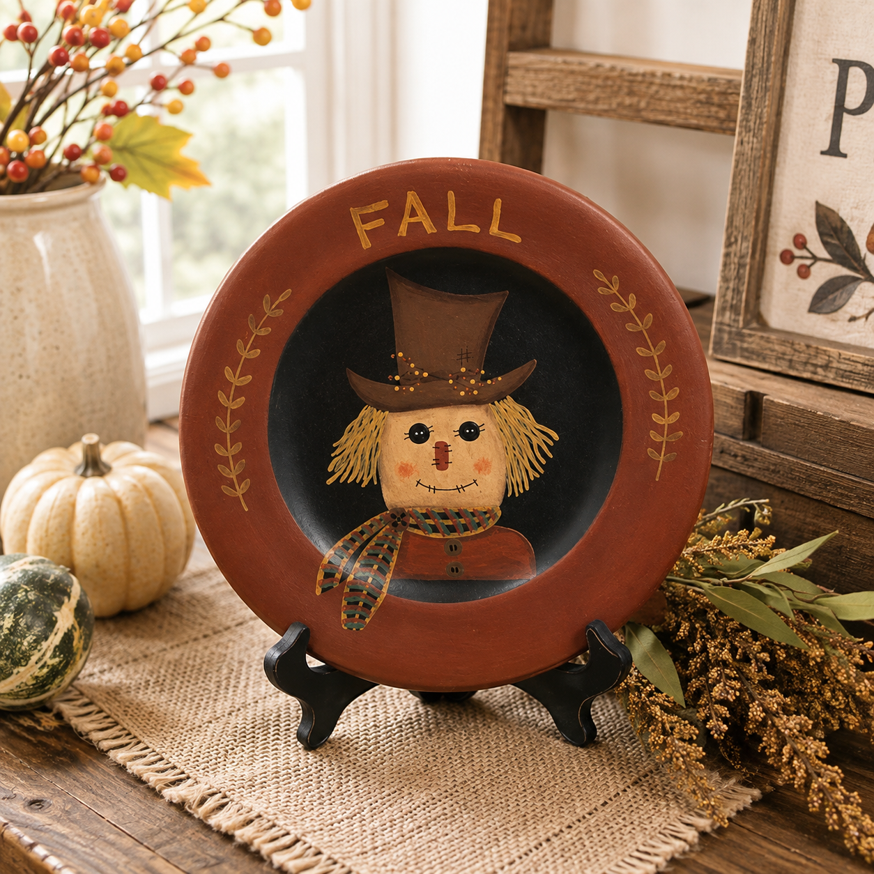 A round decorative fall-themed plate or plaque on a small black stand, featuring a painted scarecrow with a top hat and the word “FALL” at the top, styled on a rustic table with pumpkins, dried flowers, and autumn decor in the background.