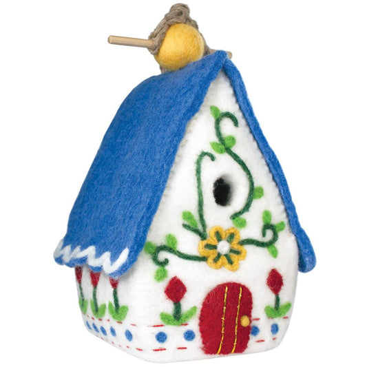 Handmade felt birdhouse, eco-friendly wool bird shelter, Fair Trade hanging birdhouse, sustainable garden decor, Nepali artisan-crafted small bird home.