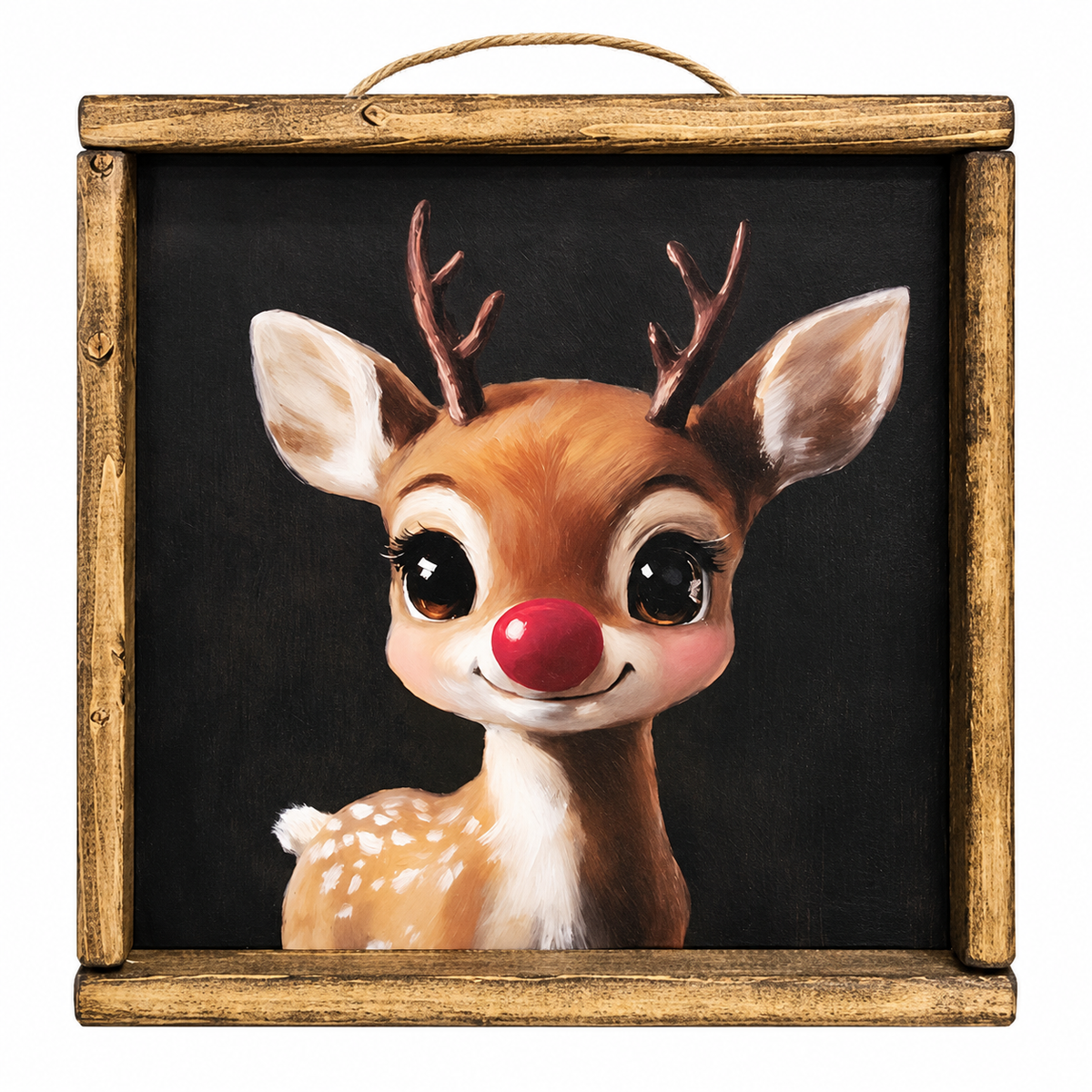 A square framed art print featuring a cute cartoon-style brown deer with antlers, large black eyes, a red nose, and white spots on its neck, set against a dark background and enclosed in a rustic wooden frame with a hanging loop at the top.