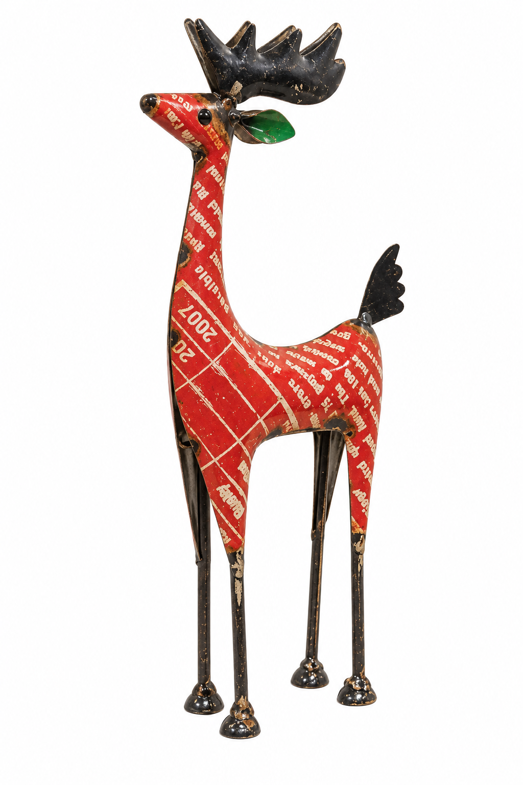 A decorative metal reindeer figurine with a red body patterned with white text, black antlers and legs, and a small green leaf on its neck, shown against a plain white background.