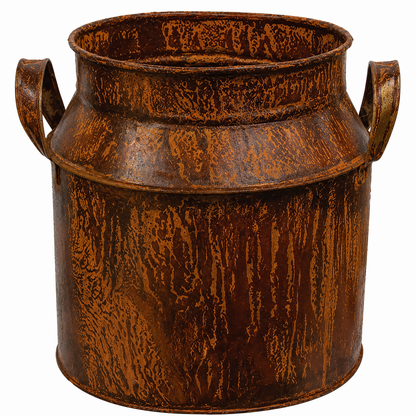 Rusty tin wide milk can with a distressed rusted finish and side handles displayed against a clean white background.