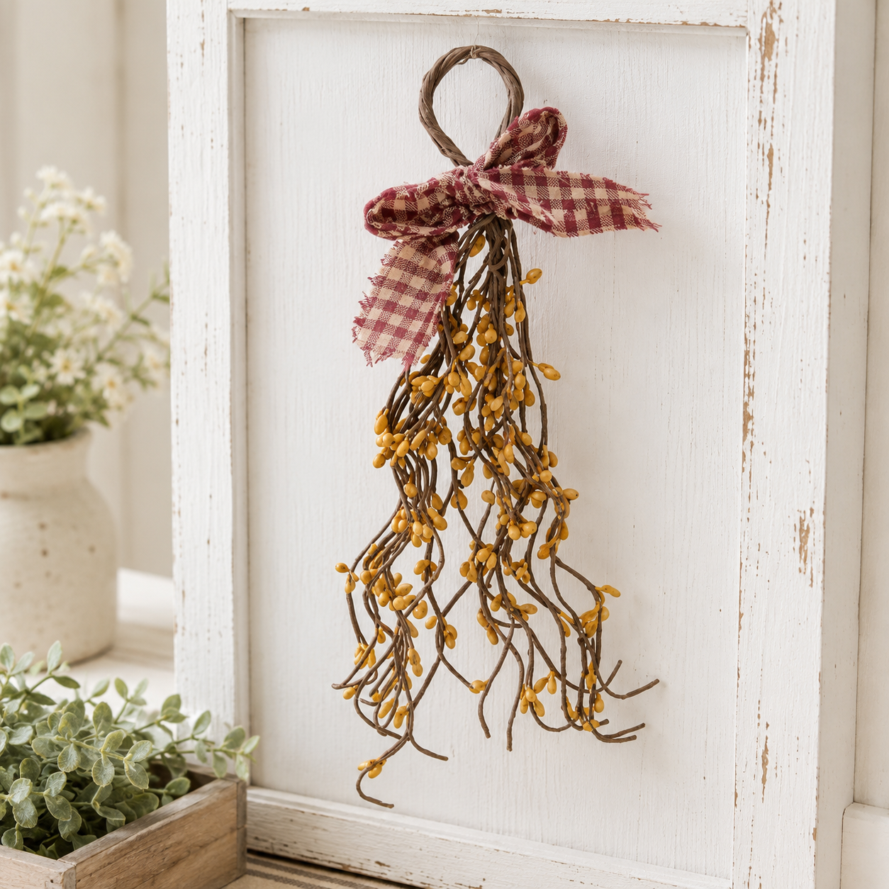 Old gold pip berry wispy teardrop with rustic fabric bow for primitive country farmhouse wall decor and seasonal decorating