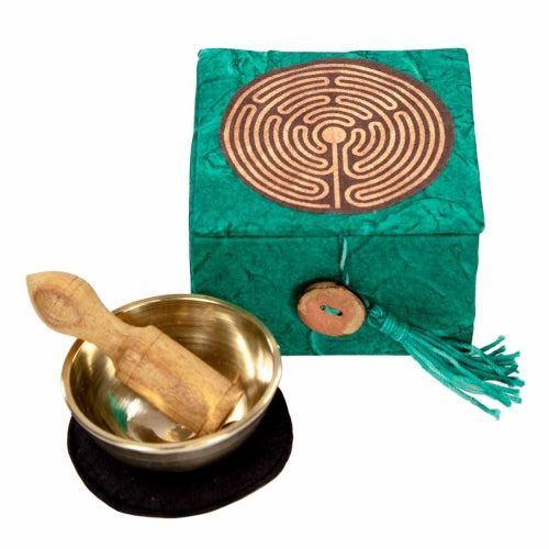 Mini meditation bowl set with brass bowl, wooden striker, cushion, and Garden Labyrinth box handcrafted from Himalayan paper