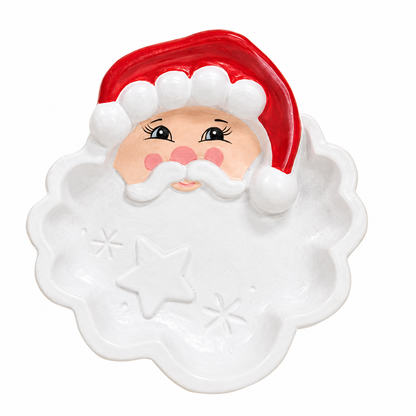 A white ceramic Santa Claus head dish with a red hat, black eyes, pink cheeks, and a white sculpted beard with a star detail, shown on a plain white background.