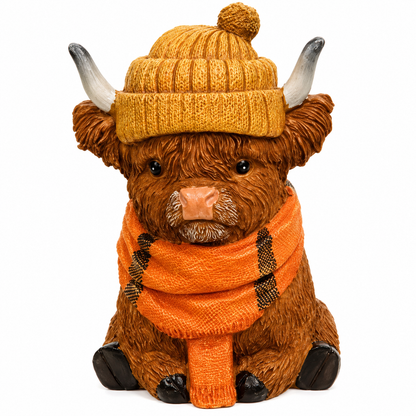 A Highland cow figurine wearing a mustard yellow knit beanie with white horns and an orange knit scarf, set against a plain white background.
