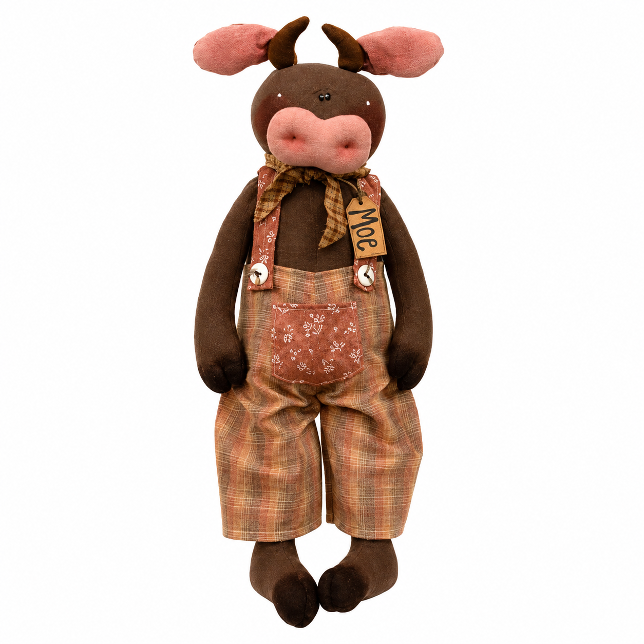 Primitive bull plush shelf sitter named Moe with weighted bottom, gingham scarf, floral pocket overalls, rustic farmhouse tabletop decoration