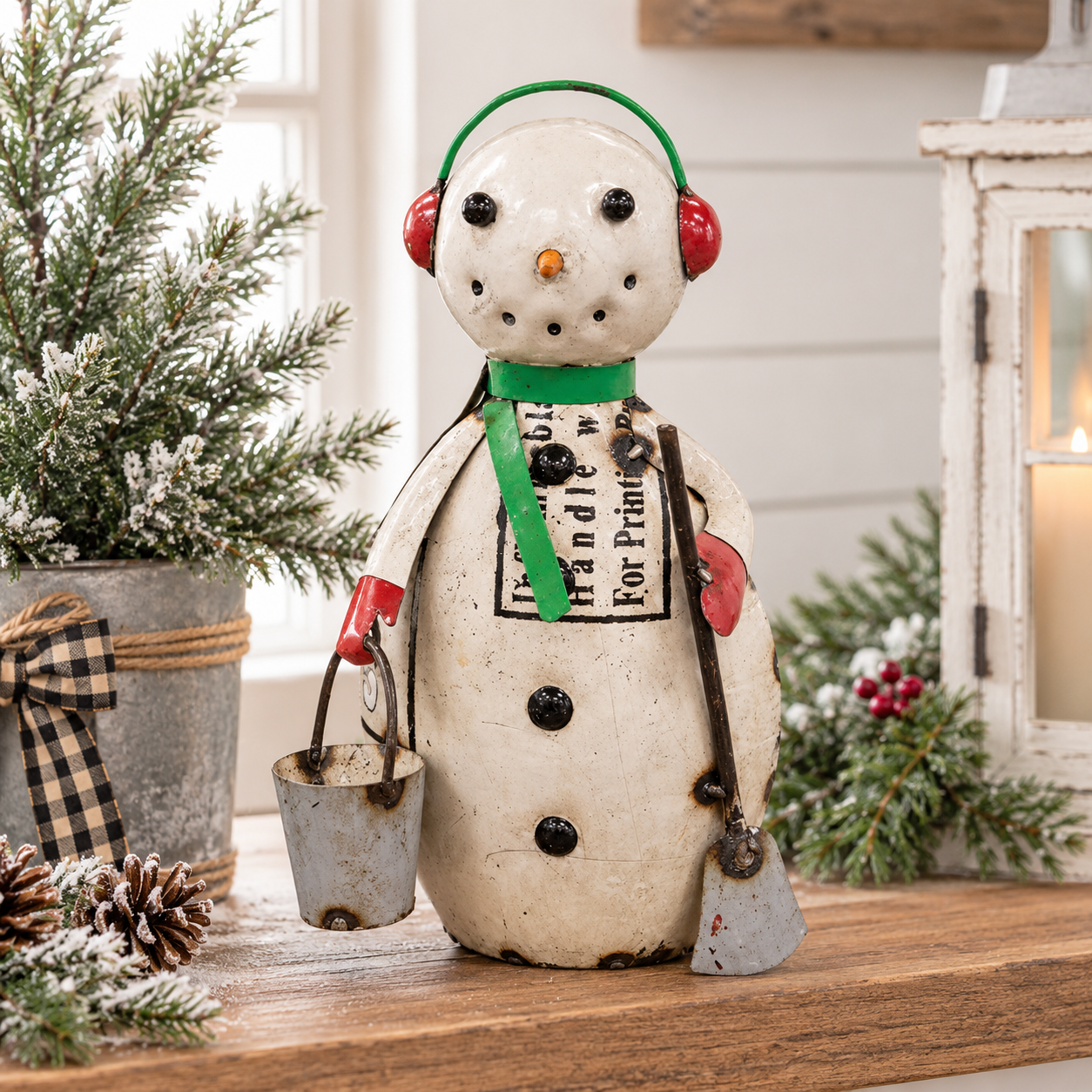 A decorative snowman figurine with a distressed off-white body, green scarf and earmuffs, red ear muffs, holding a small bucket and shovel, displayed on a wooden surface with holiday greenery and a lantern in the background.