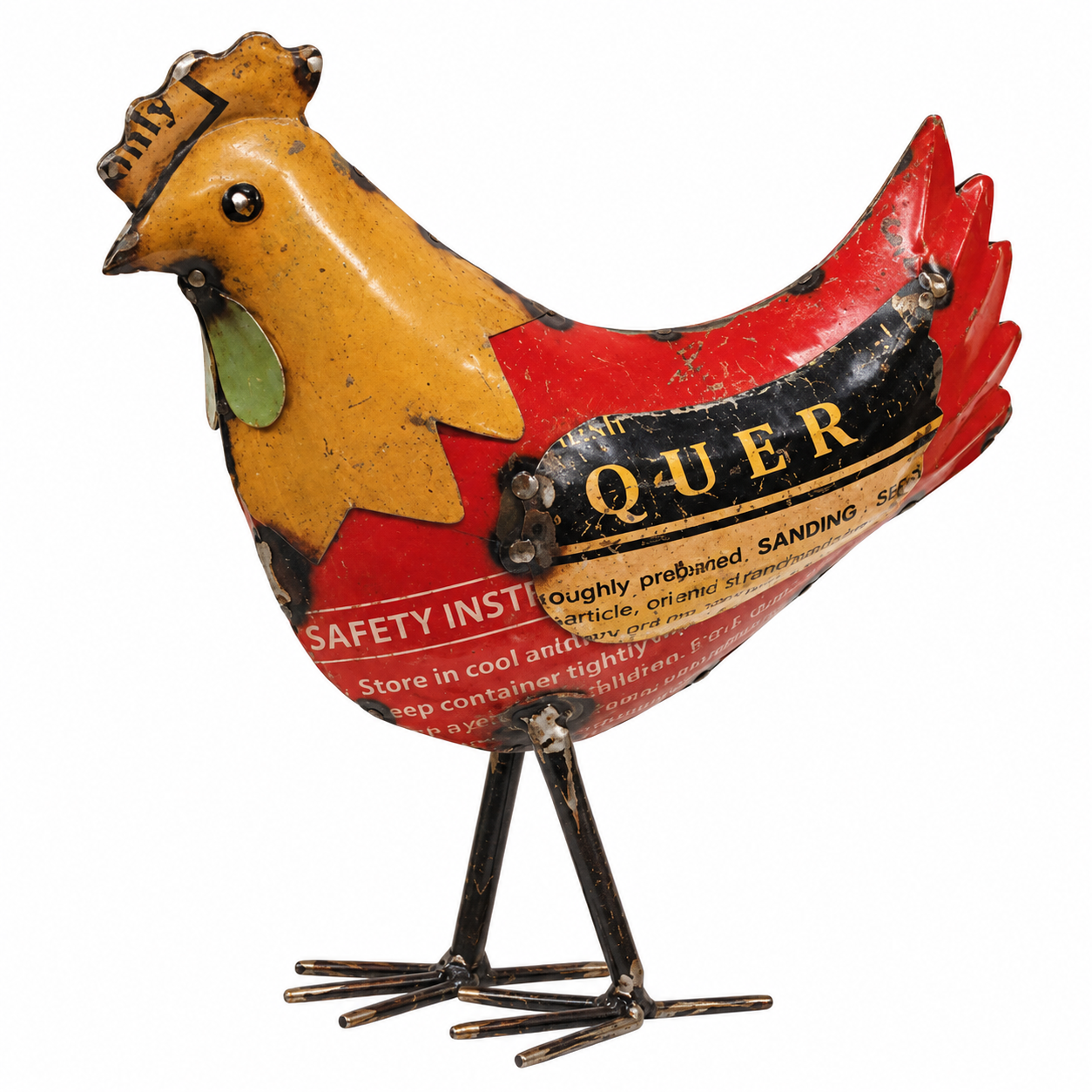 Vintage tin bird toy with a red and yellow body, black legs, and a small crown on its head, photographed against a plain white background.