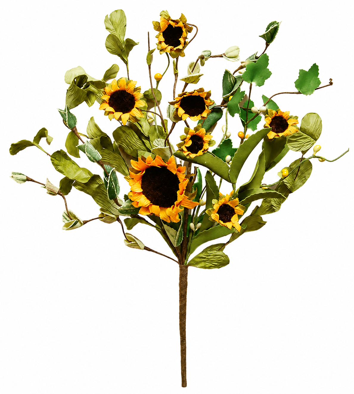A single artificial sunflower stem with multiple yellow blooms, dark brown centers, and green leaves on a plain white background.