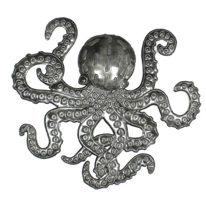 Metal wall art featuring a handcrafted octopus design made from recycled steel
