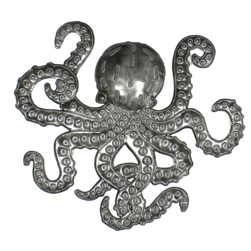 Metal wall art featuring a handcrafted octopus design made from recycled steel