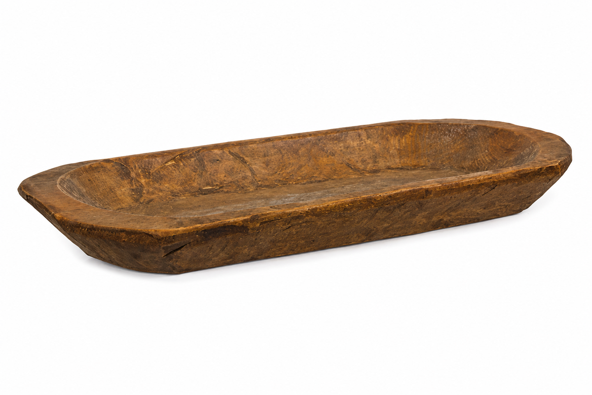 Medium oval carved wood tray with a dark brown roughhewn finish and shallow raised edges for rustic farmhouse tabletop decor.