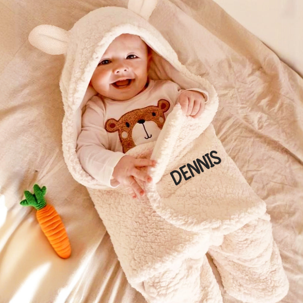 Personalized white bunny-ear swaddle jacket, custom baby wearable blanket, newborn sleepwear, cozy baby gift