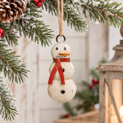 A small snowman Christmas ornament hanging from a pine tree branch. The ornament has a distressed off-white finish with a red scarf, black eyes and buttons, and a small orange carrot nose.