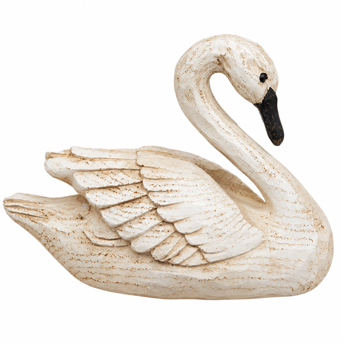 A decorative swan figurine with a distressed off-white finish and a black beak, shown against a plain white background.