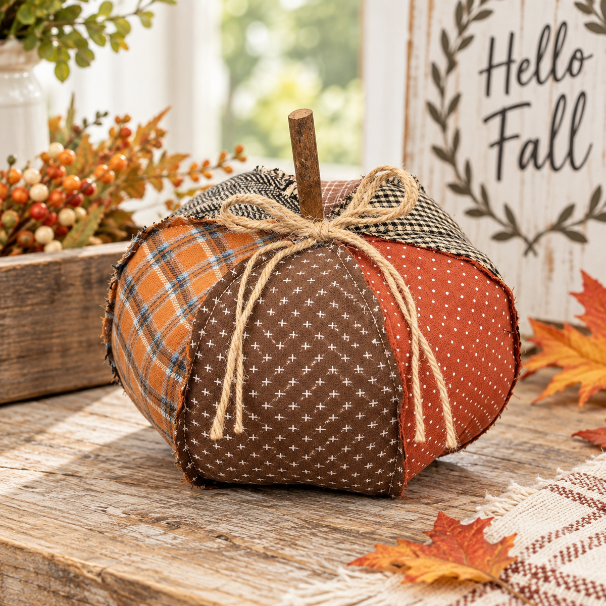 A decorative fabric pumpkin centerpiece with a rustic wooden stem, featuring patchwork panels in orange plaid, brown with white stars, and rust orange with white polka dots, tied with a jute twine bow. It is styled on a wooden table with autumn leaves, a 'Hello Fall' sign, and fall berries in the background.