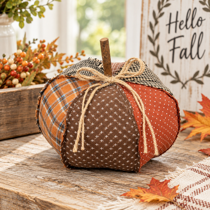 A decorative fabric pumpkin centerpiece with a rustic wooden stem, featuring patchwork panels in orange plaid, brown with white stars, and rust orange with white polka dots, tied with a jute twine bow. It is styled on a wooden table with autumn leaves, a 'Hello Fall' sign, and fall berries in the background.