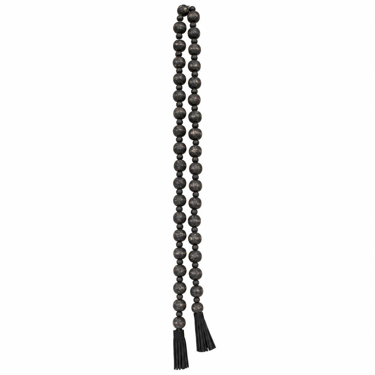 48-inch black wooden bead garland with distressed finish and suede tassels displayed as a decorative accent.