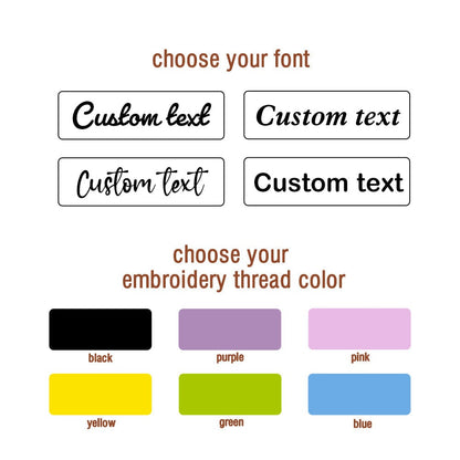 Embroidery options graphic – A digital graphic showcasing available font choices and embroidery colors for customization.