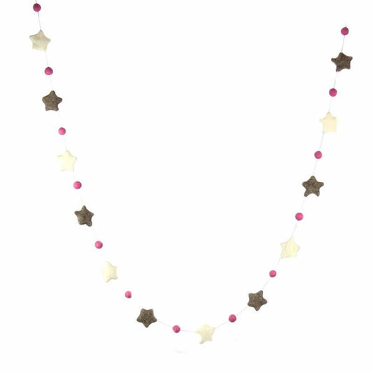 Handcrafted pink and grey wool felt star garland for nursery décor