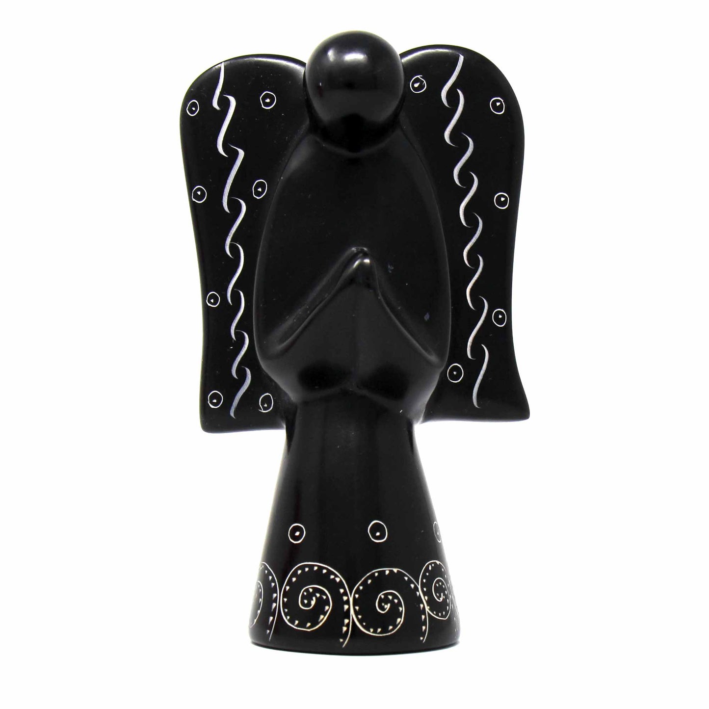 Tall slender angel statue made from smooth black soapstone