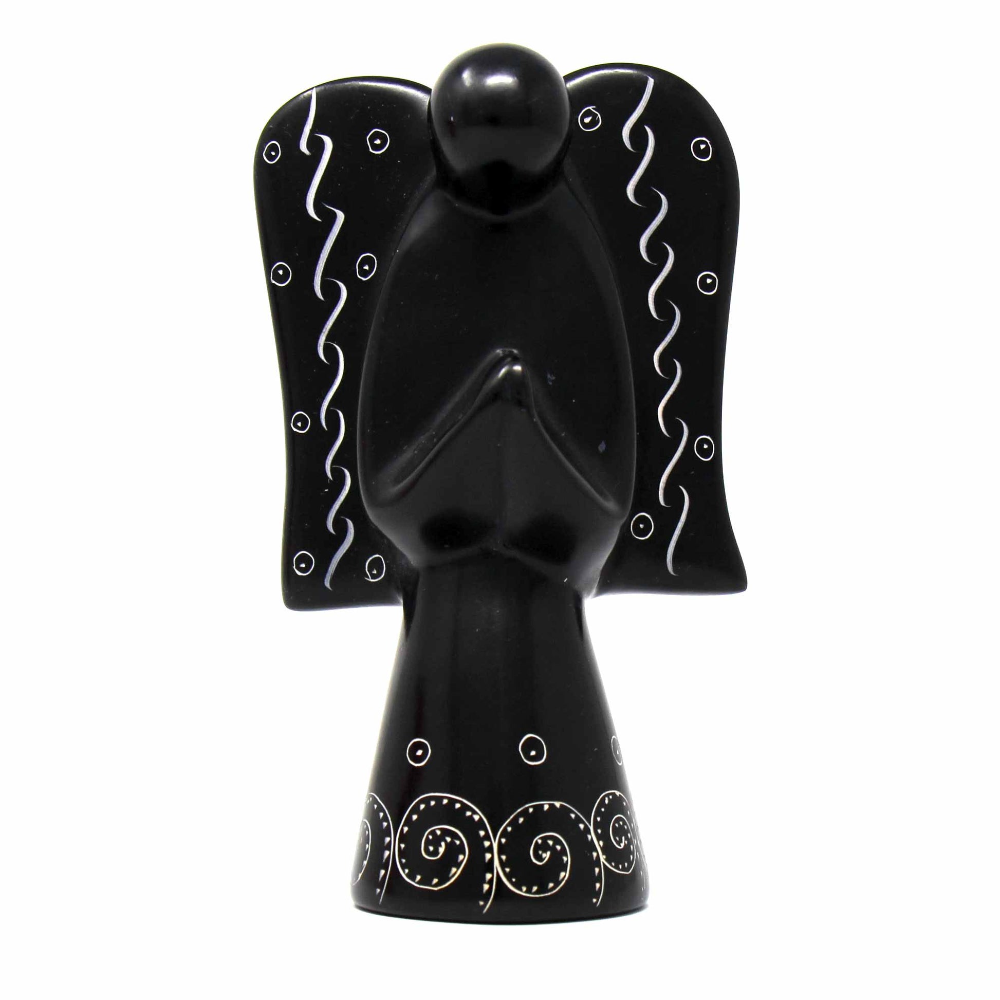 Tall slender angel statue made from smooth black soapstone