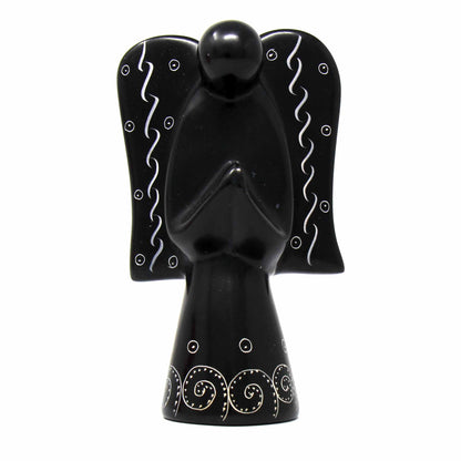 Tall slender angel statue made from smooth black soapstone
