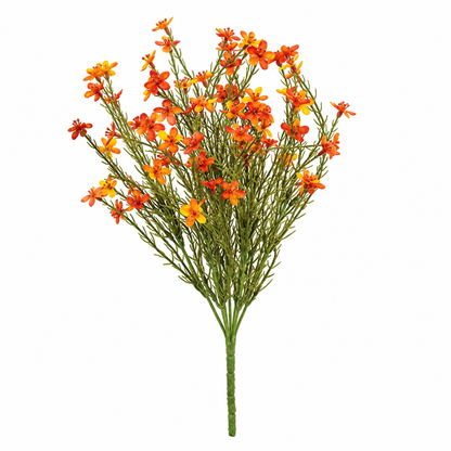 An artificial floral stem arrangement featuring small orange and yellow flowers with green foliage on a solid white background.