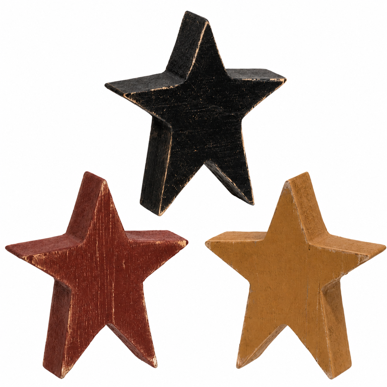 Three rustic wooden star-shaped knobs in black, reddish-brown, and tan, arranged on a plain white background.