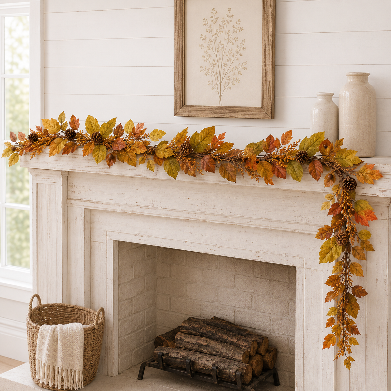 Autumn leaf garland with pinecones draped across a white fireplace mantel in a bright, shiplap-walled room. A woven basket with a cream throw and stacked firewood sit below the mantel, and two ceramic vases hang on the wall.