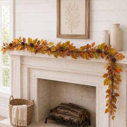 Autumn leaf garland with pinecones draped across a white fireplace mantel in a bright, shiplap-walled room. A woven basket with a cream throw and stacked firewood sit below the mantel, and two ceramic vases hang on the wall.