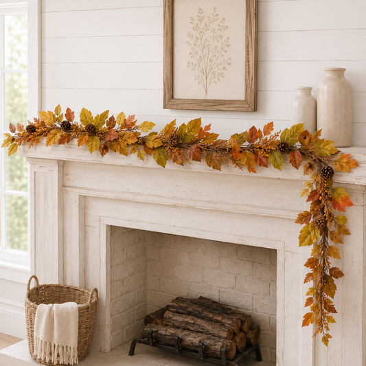 Autumn leaf garland with pinecones draped across a white fireplace mantel in a bright, shiplap-walled room. A woven basket with a cream throw and stacked firewood sit below the mantel, and two ceramic vases hang on the wall.