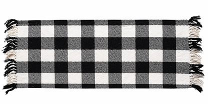 A black and white buffalo plaid throw blanket with fringed edges, shown flat against a white background.
