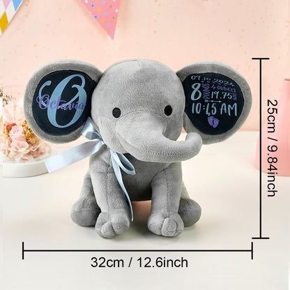 Stuffed elephant with an overlay displaying the dimensions of the toy.